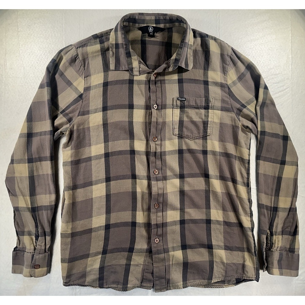 VOLCOM Modern Fit Brown Plaid Button Up Flannel Shirt Men Size Large Skater